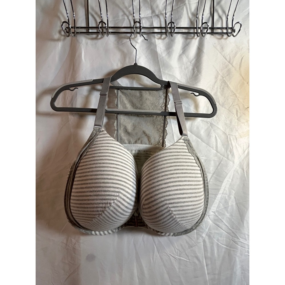 Cacique Boost Plunge Bra 42H Grey Striped Lace Racerback Front Close Womens